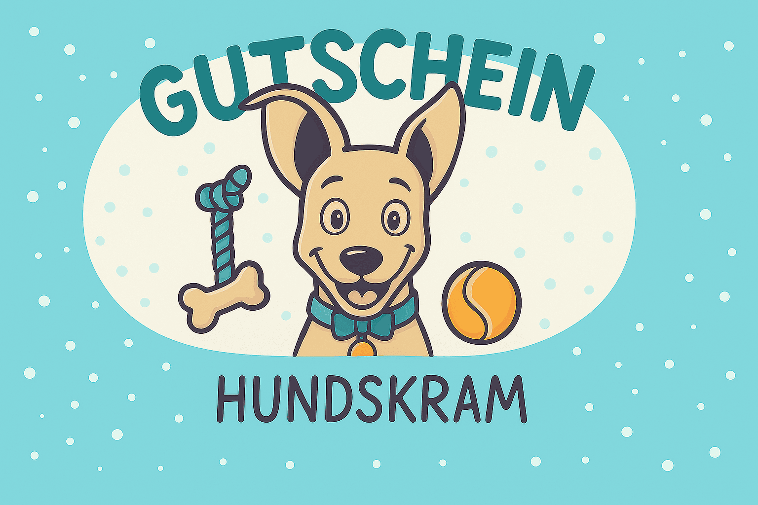 Hundskram Gutschein mit illustriertem Hund auf türkisem Hintergrund